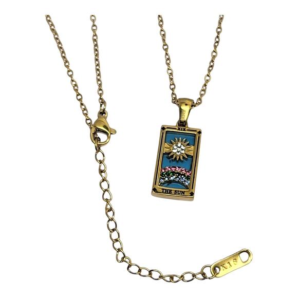 Gold Tone Stainless Steel Turquoise Crystal Tarot Card the Sun Pendant 16-18" - Picture 4 of 5